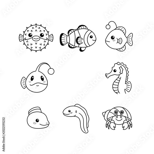 Cute sea creatures illustrations including fish and seahorse