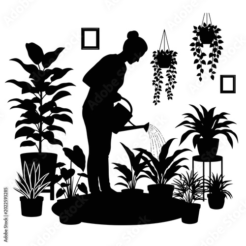 Silhouette of a woman watering various potted plants