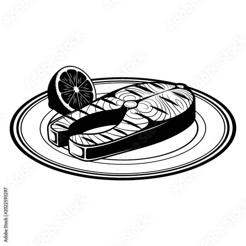 Black and white illustration of fish steak on a plate with lemon slice
