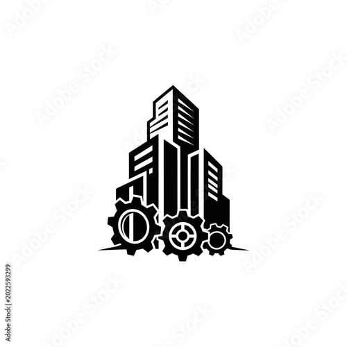 Black and white cityscape with gear icons