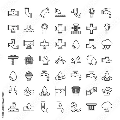 Set of plumbing and water pipe line icons in hand drawn doodle style