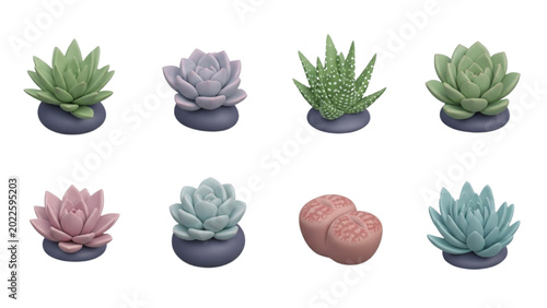 Soft 3D Botanical Icons: Rounded 3D Vector Style Rare Succulents & Lithops Living Stones, Pastel Colors, Trendy Mobile App UI Graphic Icon Sheet.