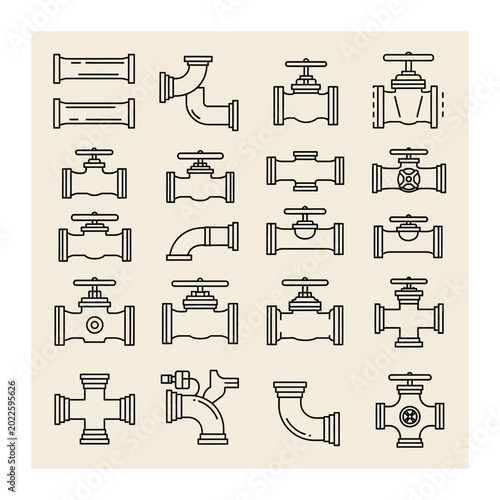Industrial pipe and plumbing valve line art icon collection with plumbing