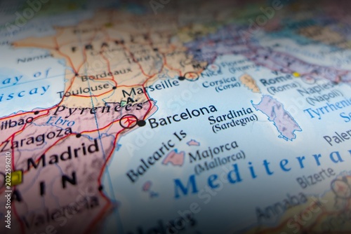 Map of Barcelona with shadowed top and bottom. Selective focus on label, close-up view