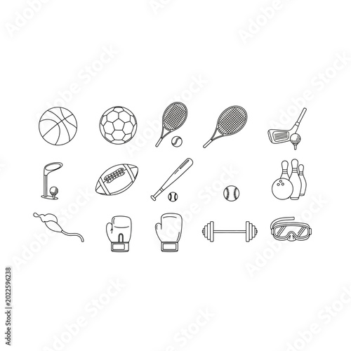 Sports and fitness equipment line art icon collection with equipment, exercise