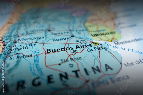 Map of Buenos Aires with shadowed top and bottom. Selective focus on label, close-up view