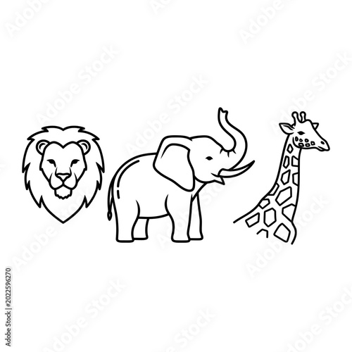 Wild animal line art icons set with wildlife elephant creature illustration