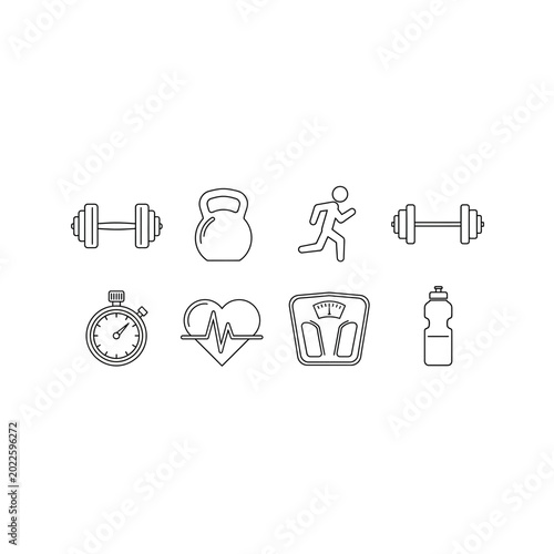 Fitness and workout gym equipment icons with exercise training activity