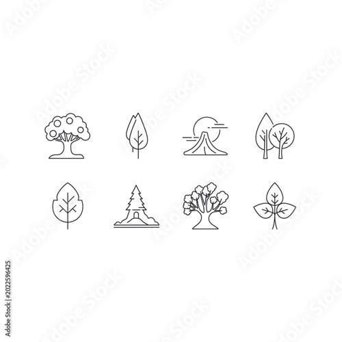 Collection of eight hand drawn tree and leaf line art icons with environment