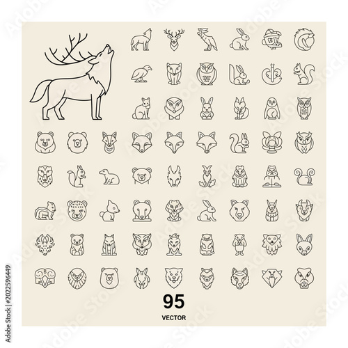 Set of ninety five minimalist line art animal icons with wildlife, collection