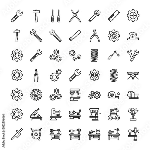 Technical workshop tool and equipment line art icon set with workshop, equipment