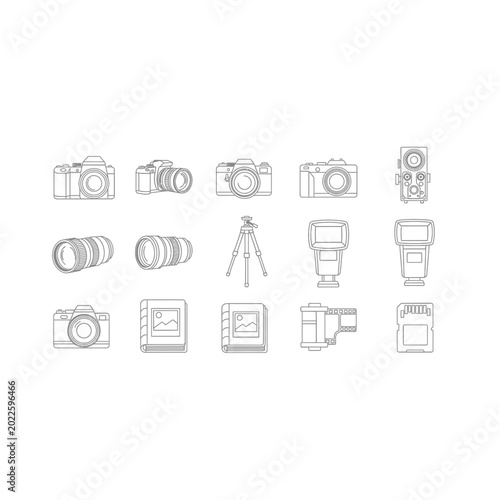 Photography equipment and camera accessory line art icon set with photography