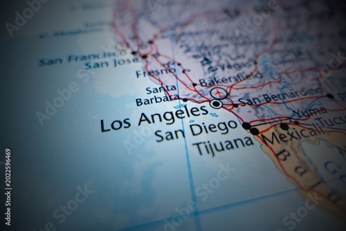 Map of Los Angeles with round vignette. Selective focus on label, close-up view