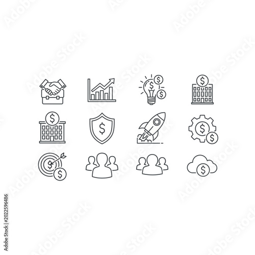 Business and financial growth strategy line art icons with business, strategy