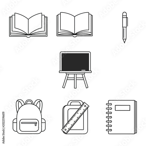 Set of education and school supplies line icons with education, supplies