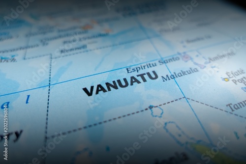 Map of Vanuatu with shadowed top and bottom. Selective focus on label, close-up view