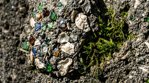 Closeup of a rocky surface with colorful glass pieces and green moss growing on it transparent background