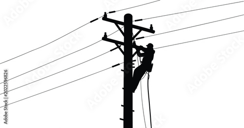 Canvas Print Electrician utility worker silhouette climbing power pole repairing high voltage lines, professional lineman maintenance service, electrical infrastructure industry vector illustration
