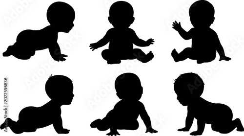 Fotografie Baby Silhouette Icon Set with Crawling, Sitting, and Reaching Poses for Childhoo