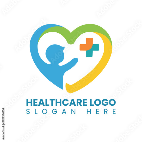 Pediatric Healthcare Logo with Child Silhouette Inside Heart Shape and Medical Plus Sign