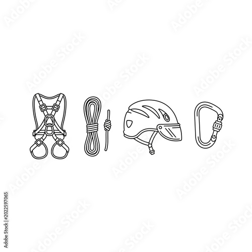 Set of climbing and mountaineering equipment line icons with climbing, carabiner