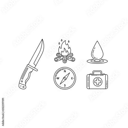 Set of survival and camping adventure tool icons with survival, adventure