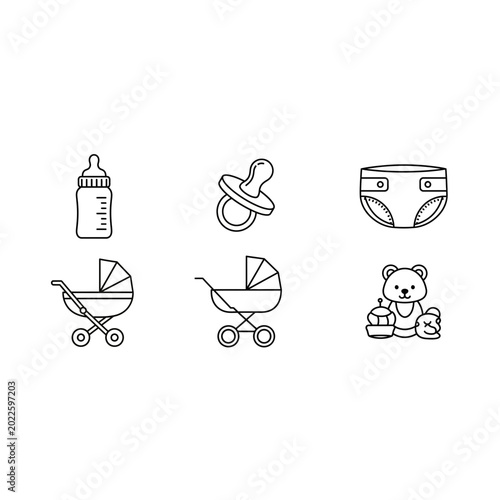 Baby care and parenting equipment outline icons set with parenting, stroller