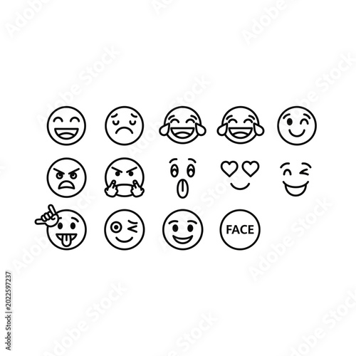 Set of emotional facial expressions line art emoji icons with emotions, laughing