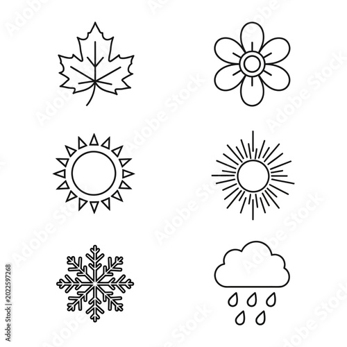 Nature and seasonal weather outline icons set on white background with snowflake