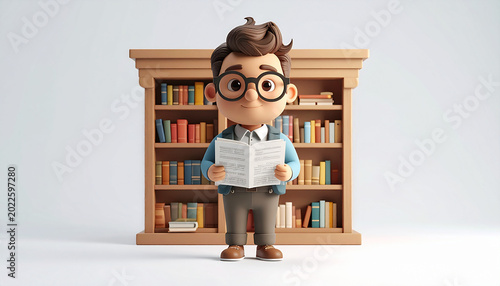 Cartoon boy reading in front of bookshelf
