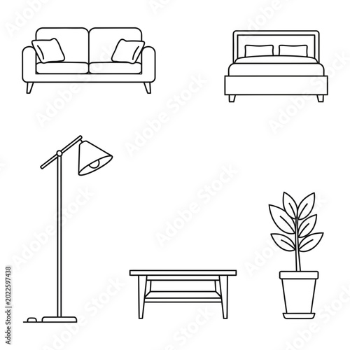 Minimalist interior furniture line art set including sofa bed lamp and table