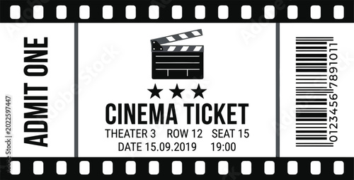 Cinema ticket stub with film strip border and clapperboard icon showing admit one text for movie theater event admission