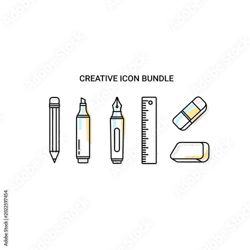 Creative office supplies and stationery icon bundle with stationery, supplies