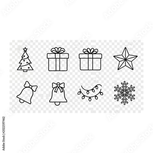 Collection of christmas holiday line art icons and festive decorations