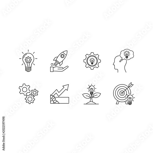 Innovation and business strategy concept line icon set with innovation, business