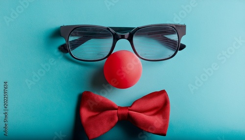 funny glasses red clown nose and tie lie on a colored background like a face