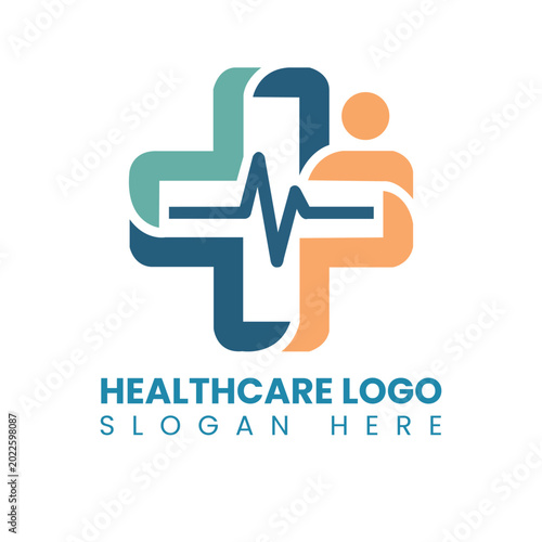 Modern Healthcare Logo Design with Medical Cross Heartbeat Pulse and Human Figure Symbol