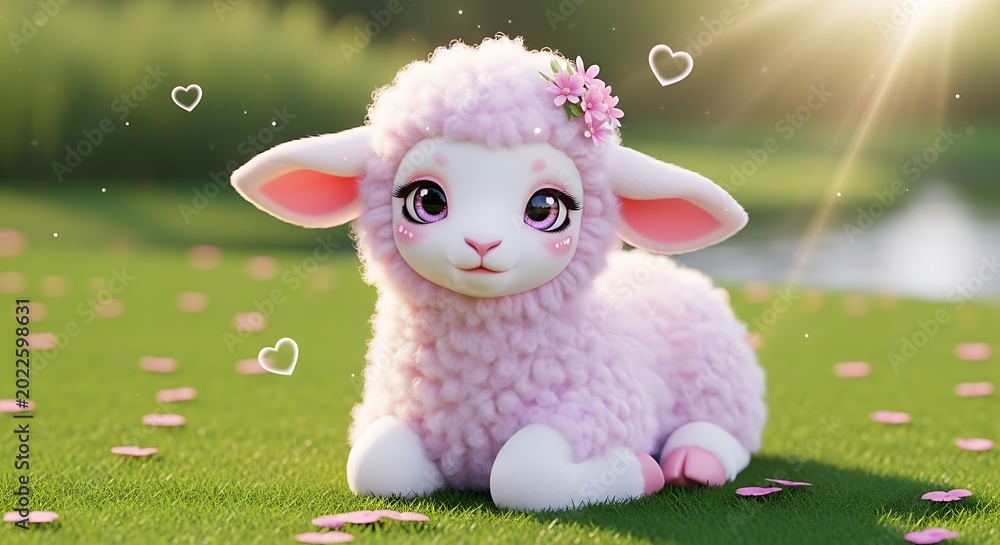 Fototapeta premium Cute cartoon lamb sitting on green grass with floating hearts