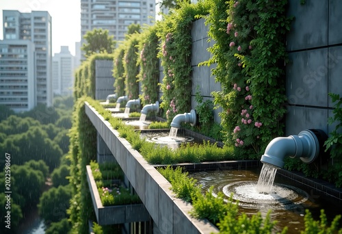 Rooftop Rainwater Harvesting Features Collecting Rainwater for Urban Garden Efficiency
