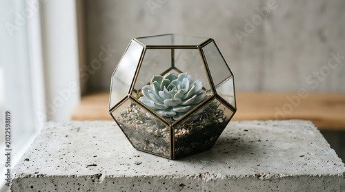 Succulent plant in a glass terrarium on a concrete block indoors  home decor transparent background
