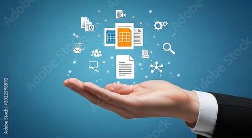 Hand holding digital icons representing business documents and tools