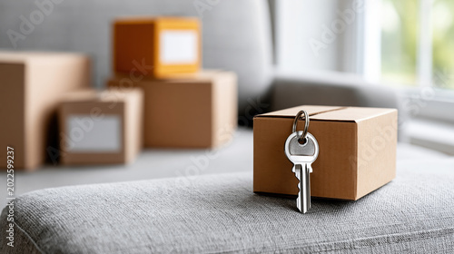 Renter insurance concept moving box blank label house key cardboard box relocation home protection property safety apartment moving storage box