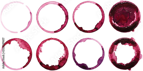 Wine stain rings collection, red liquid circles, beverage marks.