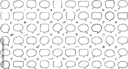 Speech bubbles collection, hand drawn doodle shapes, creative communication design elements,  sketch style.