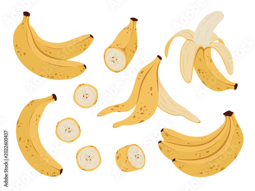 Fotografi Flat banana collection illustration with peeled fruit, slices and bunches