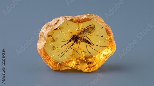 Ancient mosquito trapped inside a piece of golden fossilized amber resin displayed in this detailed macro photograph showing the prehistoric insect preserved for millions of years