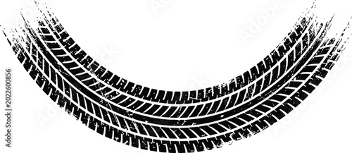 Tire track mark, curved rubber, automotive transportation.
