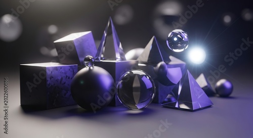Geometric shapes composition with spheres and pyramids in dark scene.