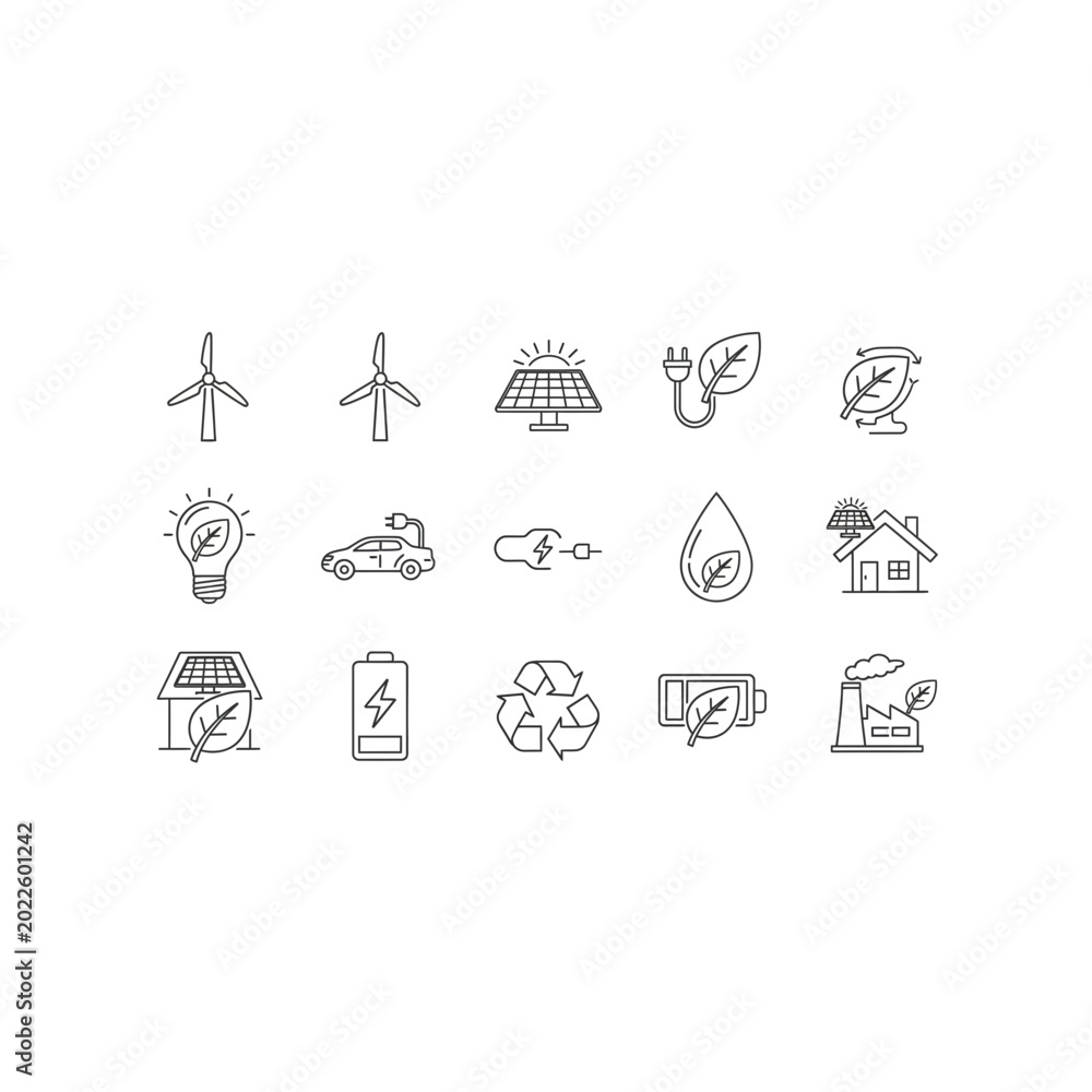 Fototapeta premium Environmental protection and renewable energy outline icons with environment