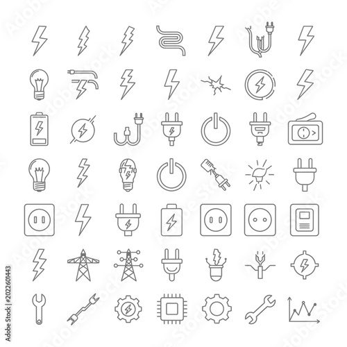 Fotografi Set of electrical and electronic device outline icons with electricity, electric